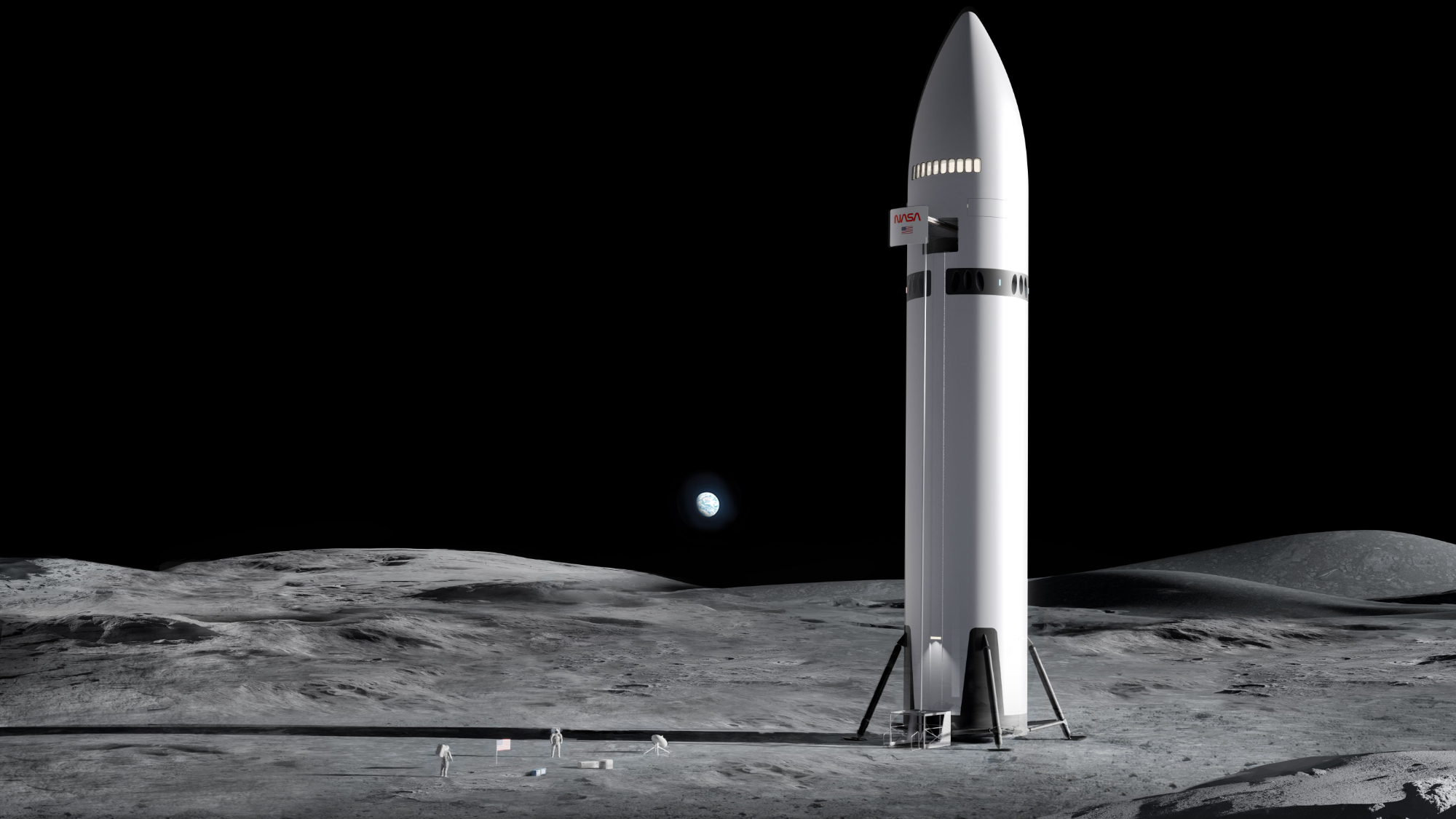 Artist's illustration of SpaceX's Starship vehicle on the moon during an Artemis astronaut mission for NASA.