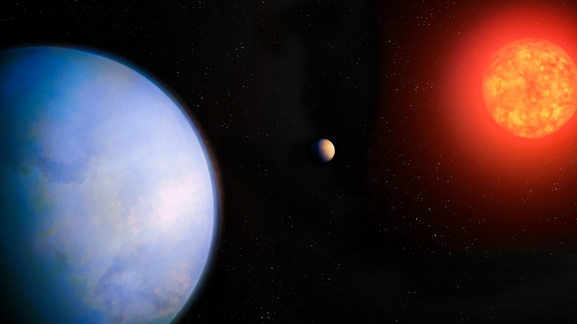 An illustration showing a blue planet in the bottom left corner with a bright red giant star in the top right corner