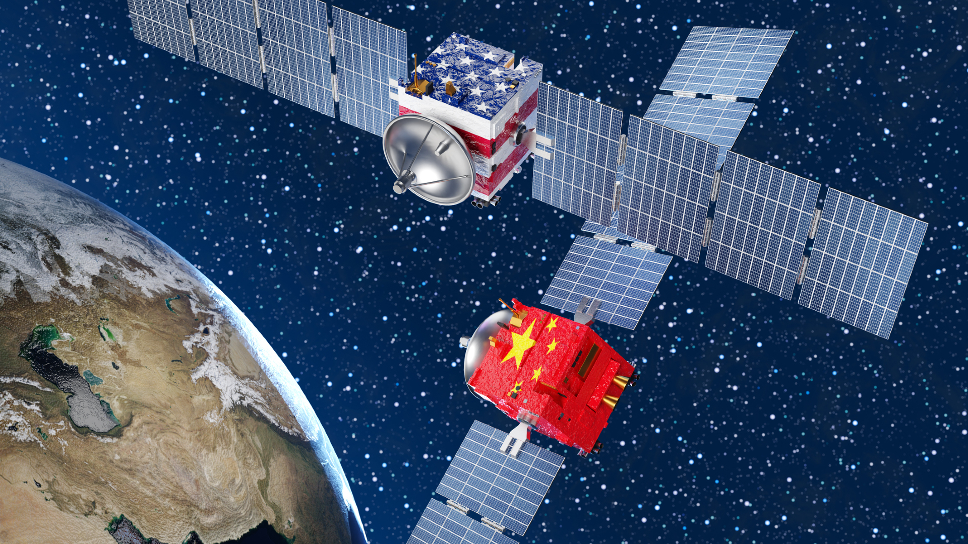 Two satellites with solar panels on either side, one with a USA flag and one with a Chinese flag, hover above Earth in this illustration