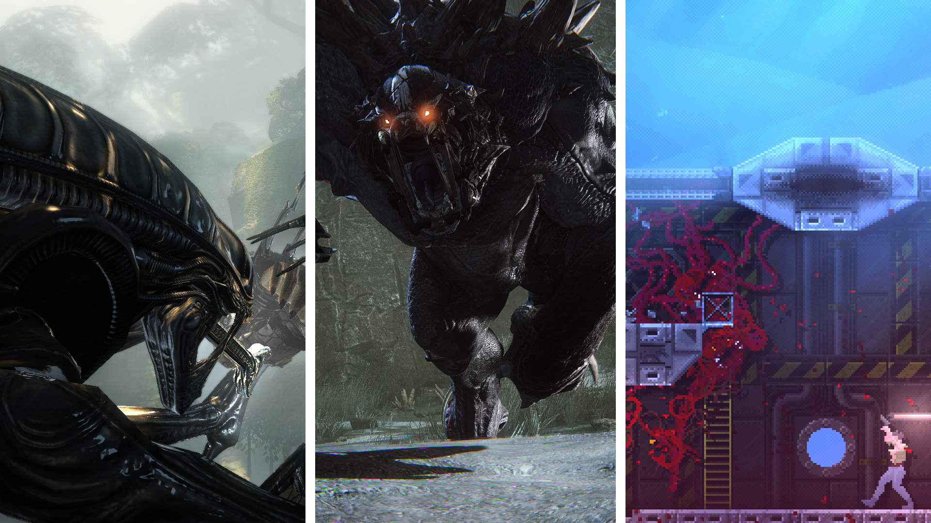 Split image showing three games where you play as the alien monster: Alien vs Predator, Evolve, and Carrion.