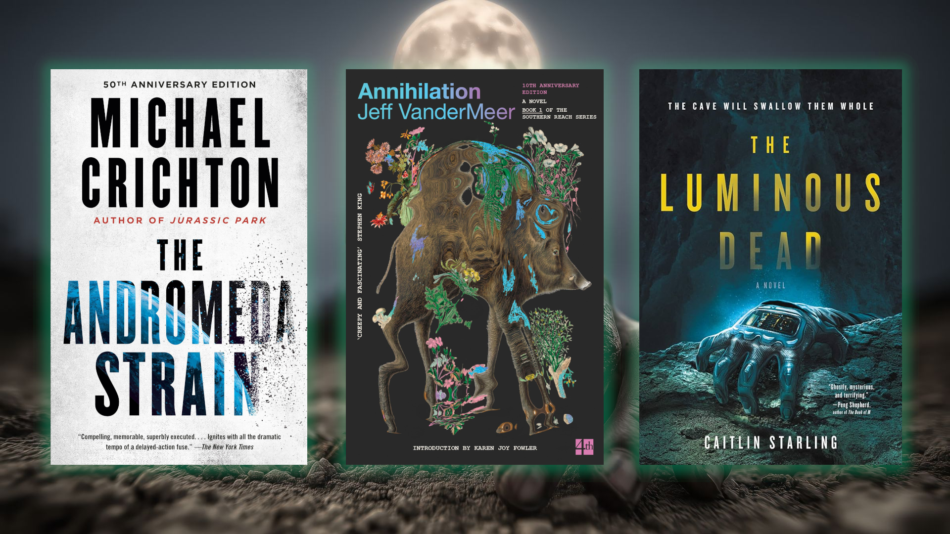 A dirty hand sits on the sandy surface with a bright full moon in the background. Three sci-fi book covers are placed over the top with a faint blue glow.