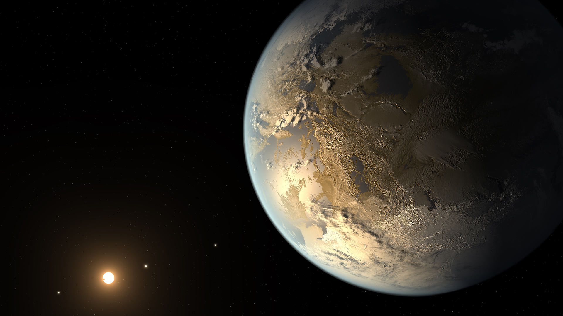 An illustration of exoplanet Kepler 16b, where its brown rocky surface can be seen in the darkness of space with its bright home star far in the distance.