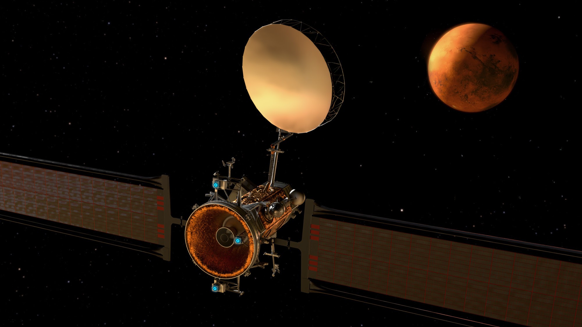 a satellite with many parts floats in space with Mars behind.