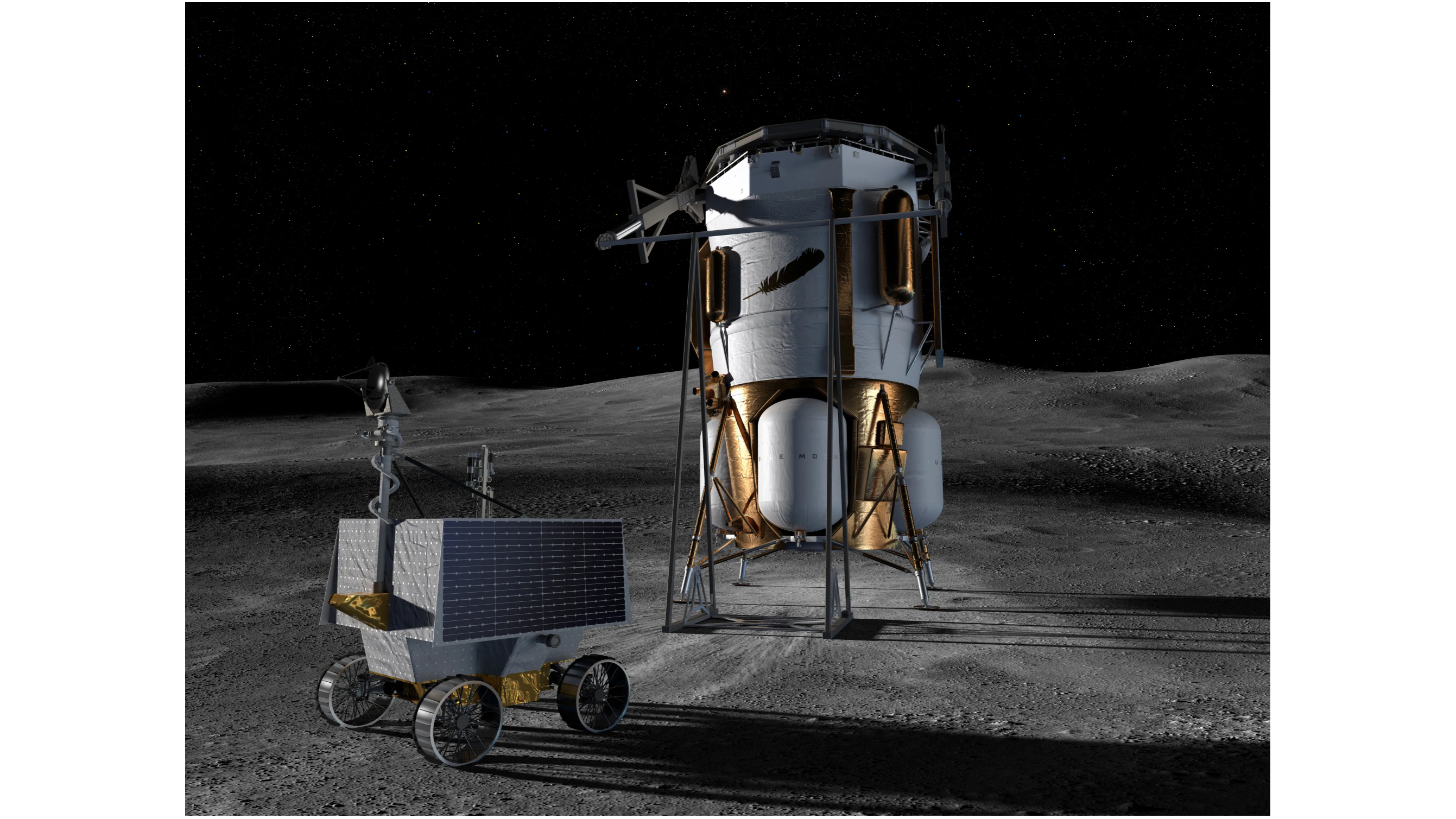 This artist&rsquo;s concept shows Blue Origin&rsquo;s Blue Moon Mark 1 lander and NASA&rsquo;s VIPER (Volatiles Investigating Polar Exploration Rover) on the lunar surface.